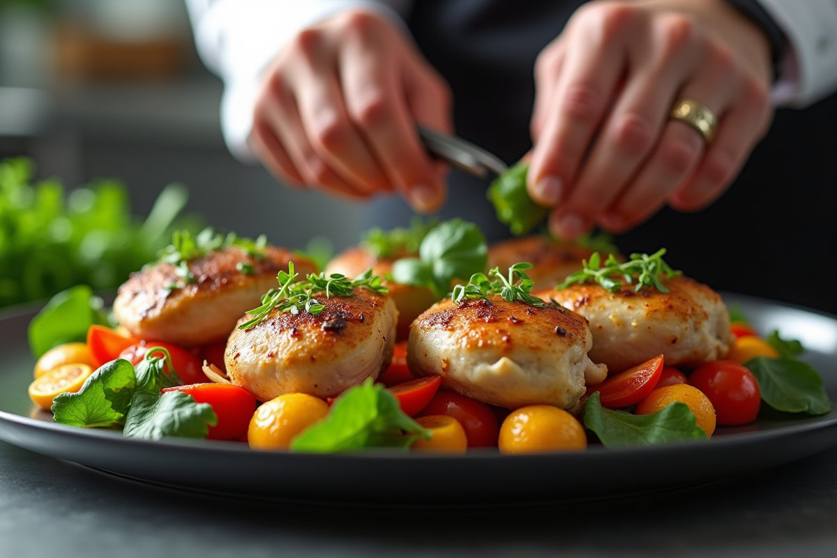 Chef garnissant un plat de poulet et légumes dans une cuisine moderne