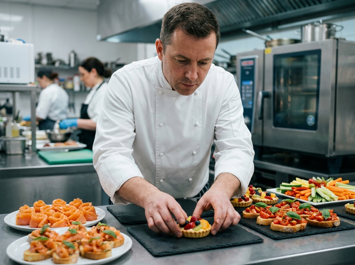 Chef cuisinier préparant des plateaux de buffet gourmand pour un événement professionnel en cuisine