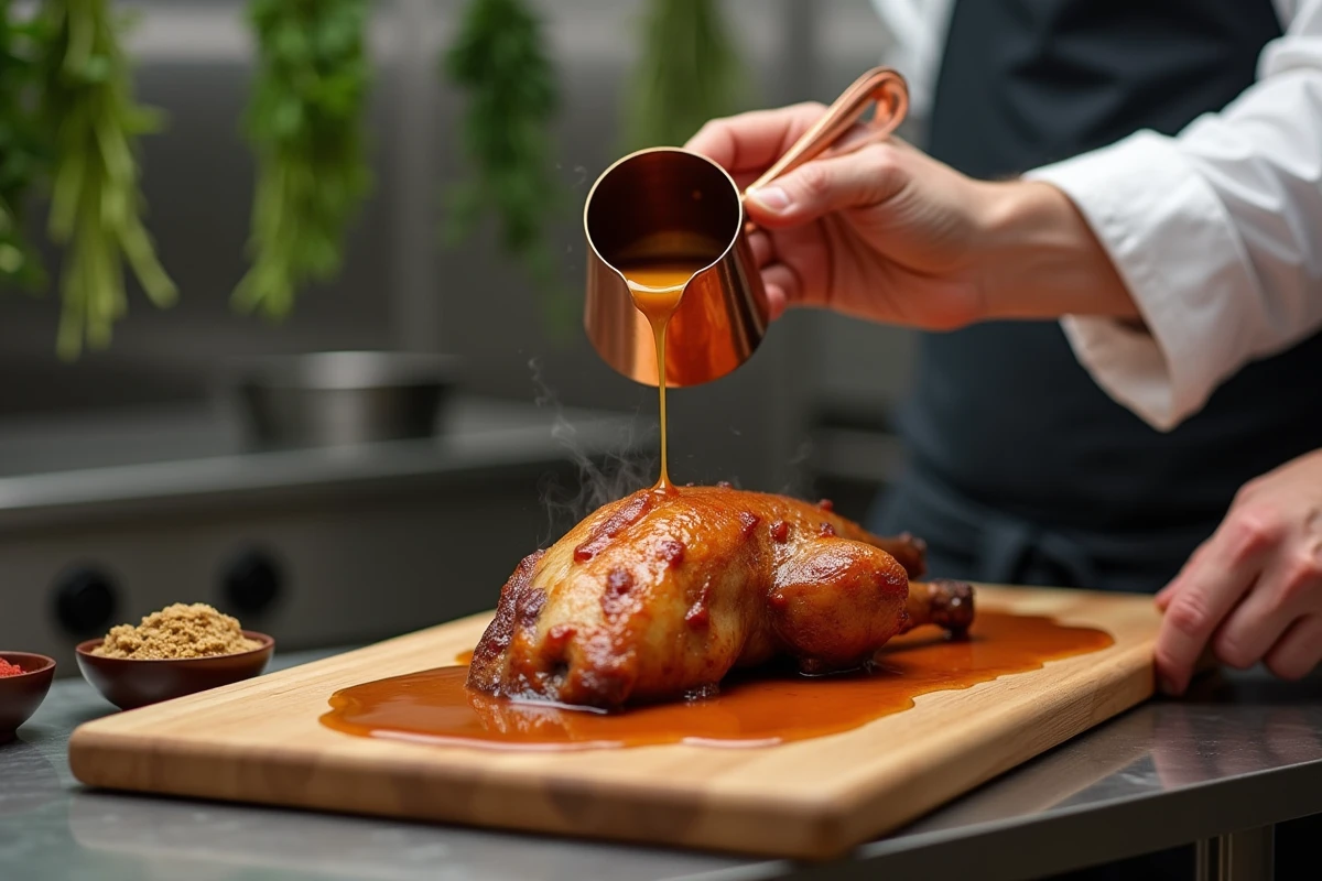 Chef versant une sauce au cognac sur un magret de canard dans une cuisine professionnelle