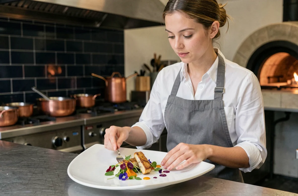 Cheffe cuisinière dressant une assiette créative dans un restaurant concept à cuisine ouverte à Lyon