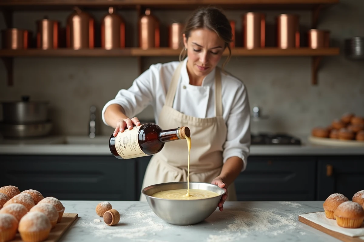 Cheffe pâtissière versant du rhum dans la pâte à canelés dans une cuisine de boulangerie bordelaise traditionnelle