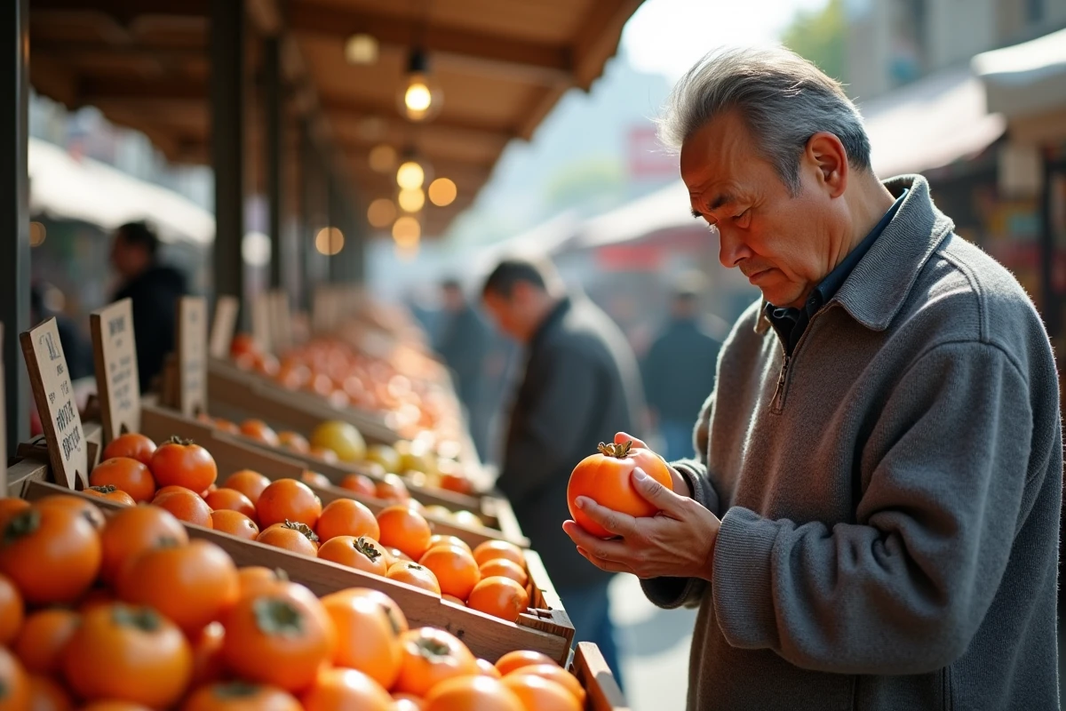 Homme choisissant un kaki mûr sur un étal de marché automnal entouré de fruits frais