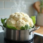 Chou-fleur entier cuit à la vapeur dans un panier inox au-dessus d'une casserole sur une cuisinière moderne