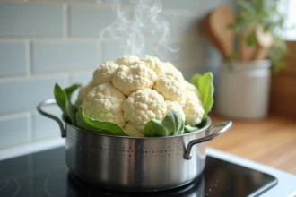 Chou-fleur entier cuit à la vapeur dans un panier inox au-dessus d'une casserole sur une cuisinière moderne