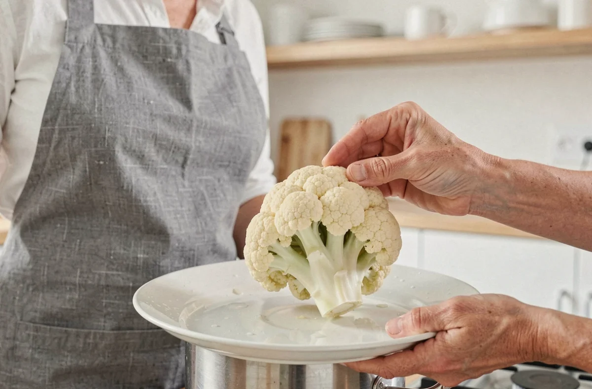Femme sortant un chou-fleur entier cuit d'une casserole pour le déposer sur un plat de service blanc