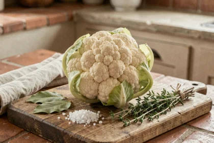 Chou-fleur entier cru posé sur une planche en bois avec des herbes aromatiques dans une cuisine rustique