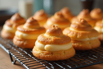 Choux dorés avec craquelin sur grille en lumière naturelle