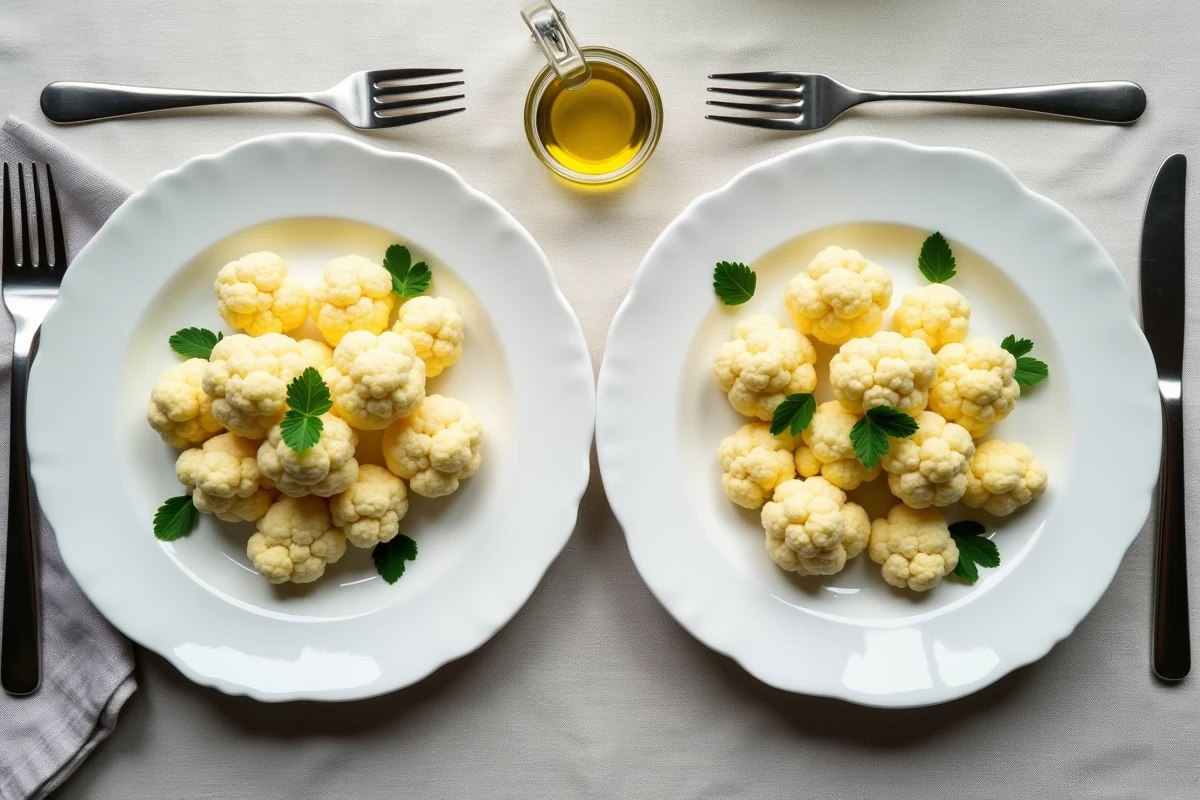 Comparaison entre chou-fleur cuit à la vapeur et chou-fleur cuit à l'eau sur deux assiettes blanches côte à côte