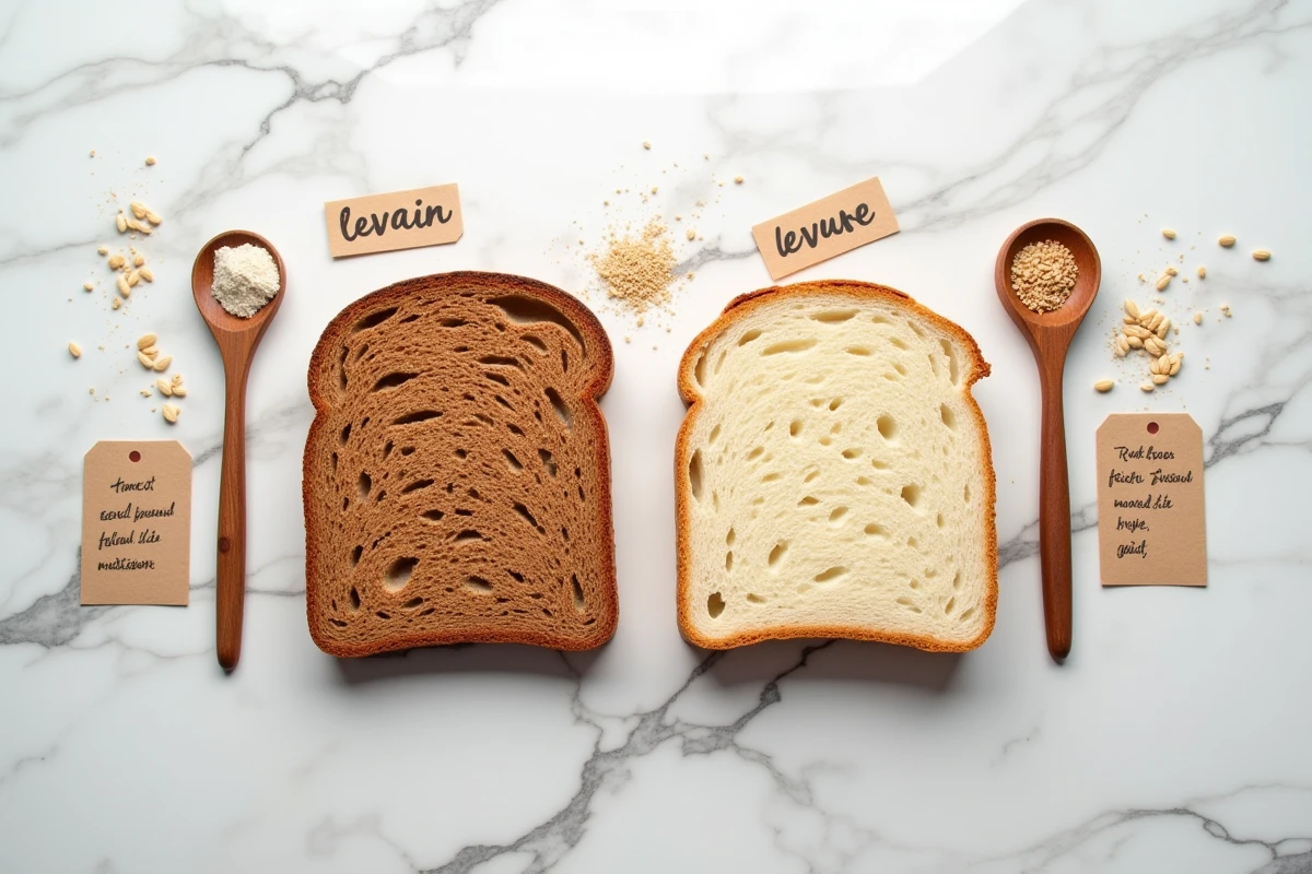 Comparaison visuelle en vue de dessus de tranches de pain de seigle et de pain de blé avec étiquettes levain et levure sur marbre blanc