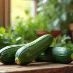 Concombre et zucchini frais sur une table en bois avec herbes