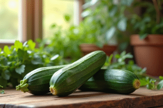 Concombre et zucchini frais sur une table en bois avec herbes