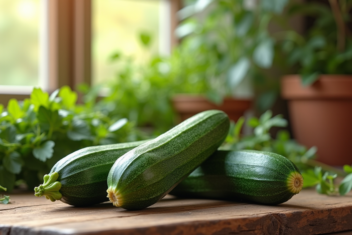 Concombre et zucchini frais sur une table en bois avec herbes