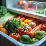 Congélateur ouvert avec légumes et fruits organisés