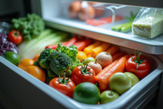 Congélateur ouvert avec légumes et fruits organisés