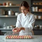 Cheffe pâtissière rangeant des coques de macarons vides dans une boîte hermétique en verre sur un plan de travail en marbre dans une cuisine professionnelle