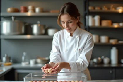Cheffe pâtissière rangeant des coques de macarons vides dans une boîte hermétique en verre sur un plan de travail en marbre dans une cuisine professionnelle