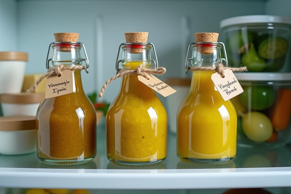 Trois petites bouteilles en verre étiquetées de vinaigrette maison aux variétés différentes rangées dans la porte d'un réfrigérateur ouvert, avec condensation légère sur le verre