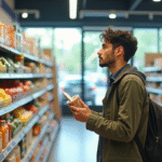 Consommateur perplexe dans un supermarche bio et conventionnel