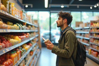 Consommateur perplexe dans un supermarche bio et conventionnel