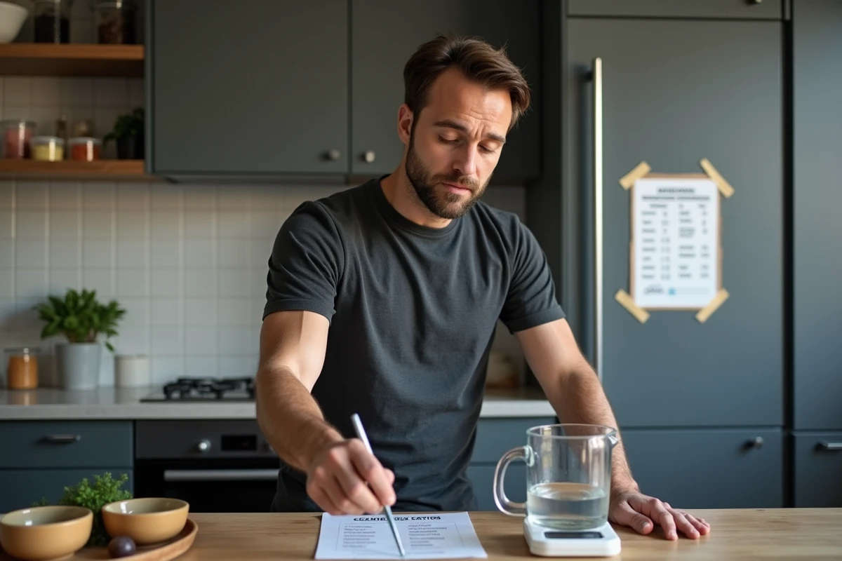 Homme consultant un tableau de conversion cuisine avec un verre doseur et une balance pour mesurer 125g en cl