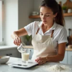 Femme versant 40cl de liquide dans une balance de cuisine pour convertir en grammes lors d'une recette