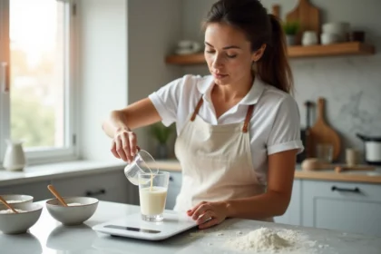 Femme versant 40cl de liquide dans une balance de cuisine pour convertir en grammes lors d'une recette