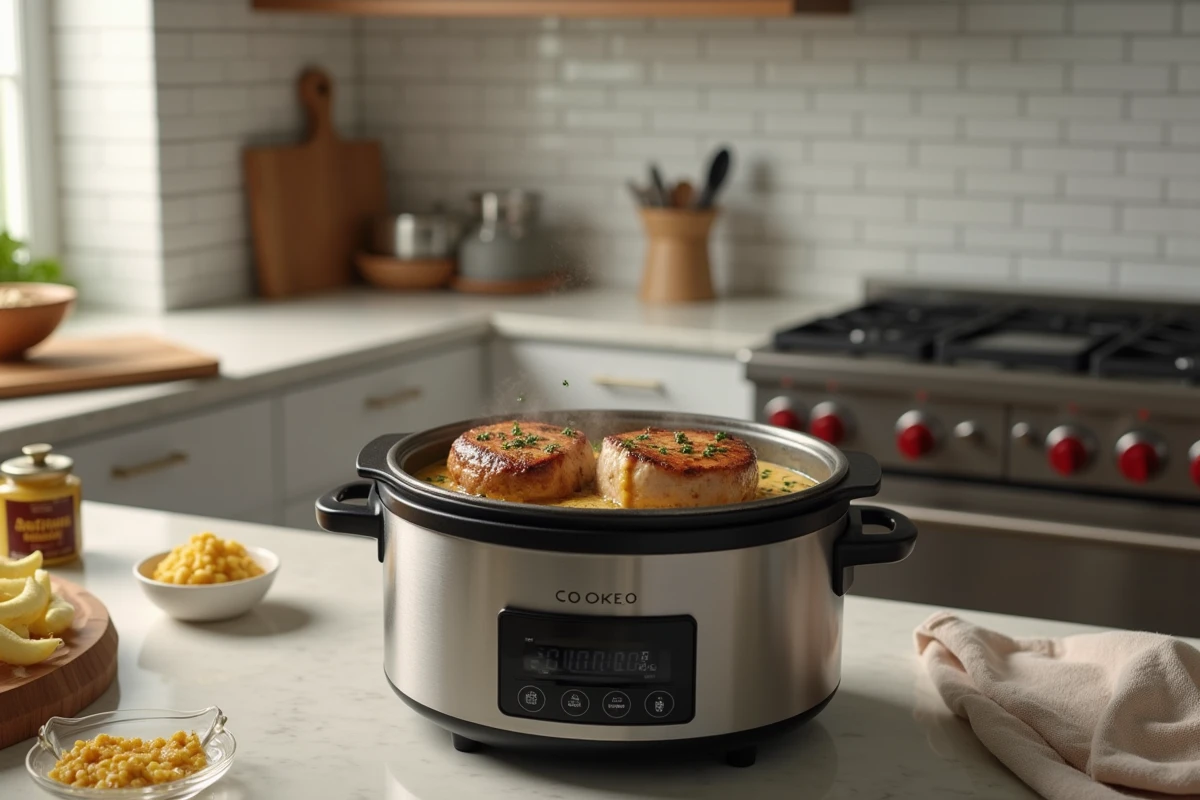 Cookeo ouvert contenant des filets mignons en sauce moutarde crémeuse, recette rapide en cocotte électrique