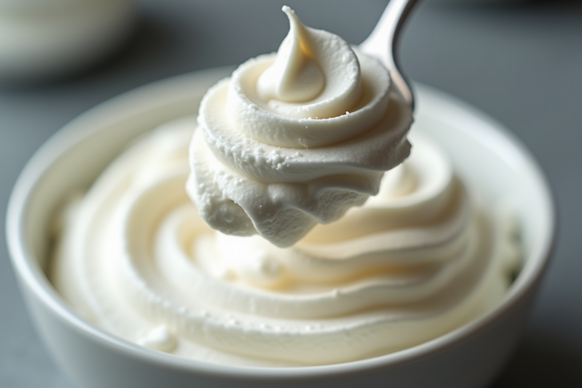 Cuillerée soulevant creme chantilly dense en gros plan