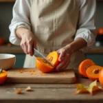 Femme coupant un kaki mûr sur un plan de travail en bois dans une cuisine végétarienne rustique