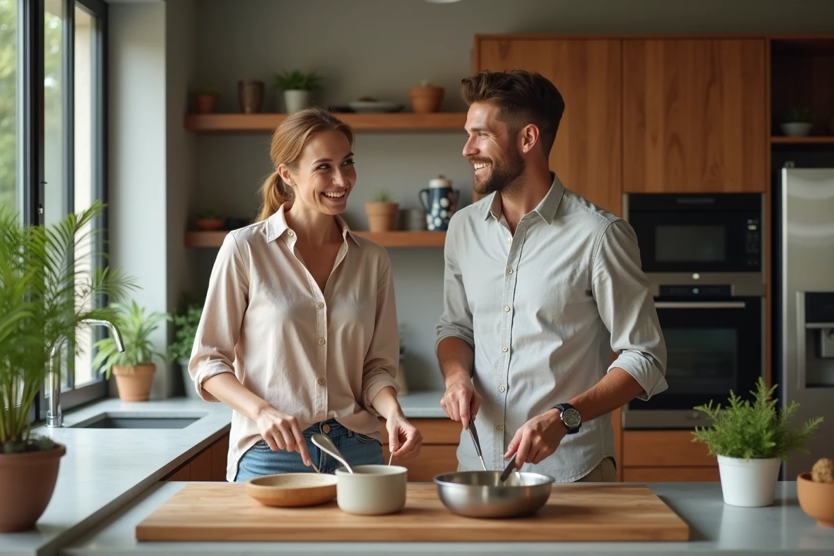 Couple discutant et riant dans une cuisine moderne ouverte