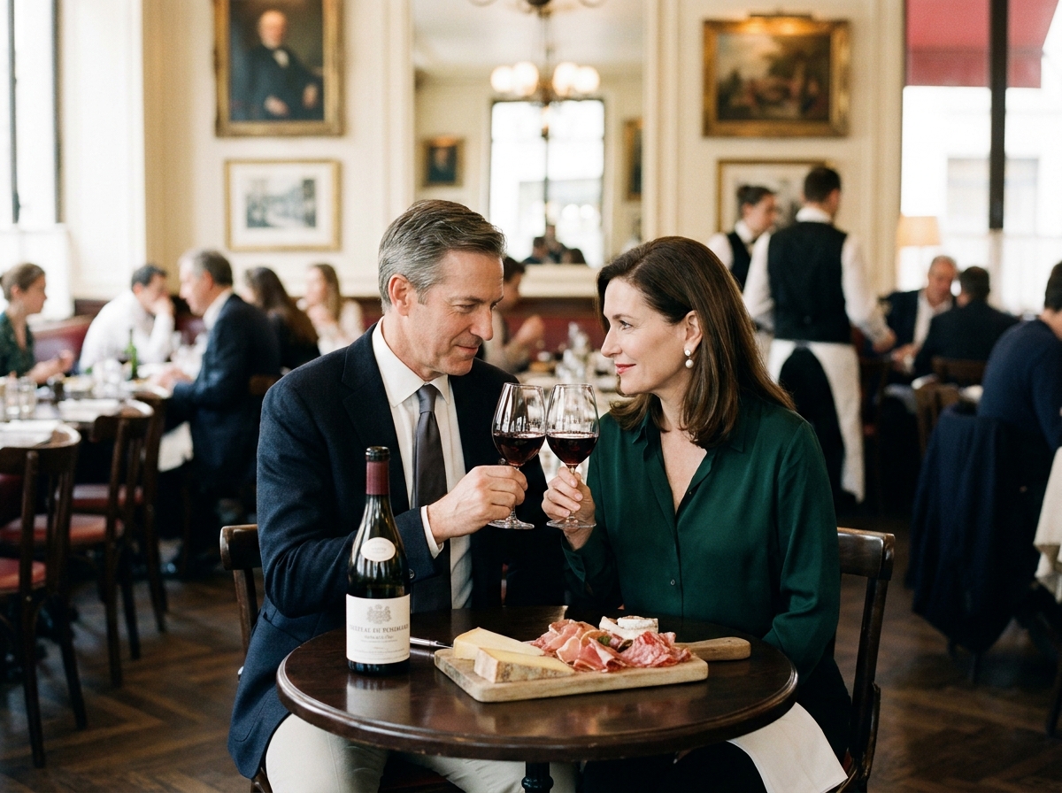 Couple élégant dégustant un grand bourgogne lors d'une soirée gastronomique dans un restaurant parisien raffiné