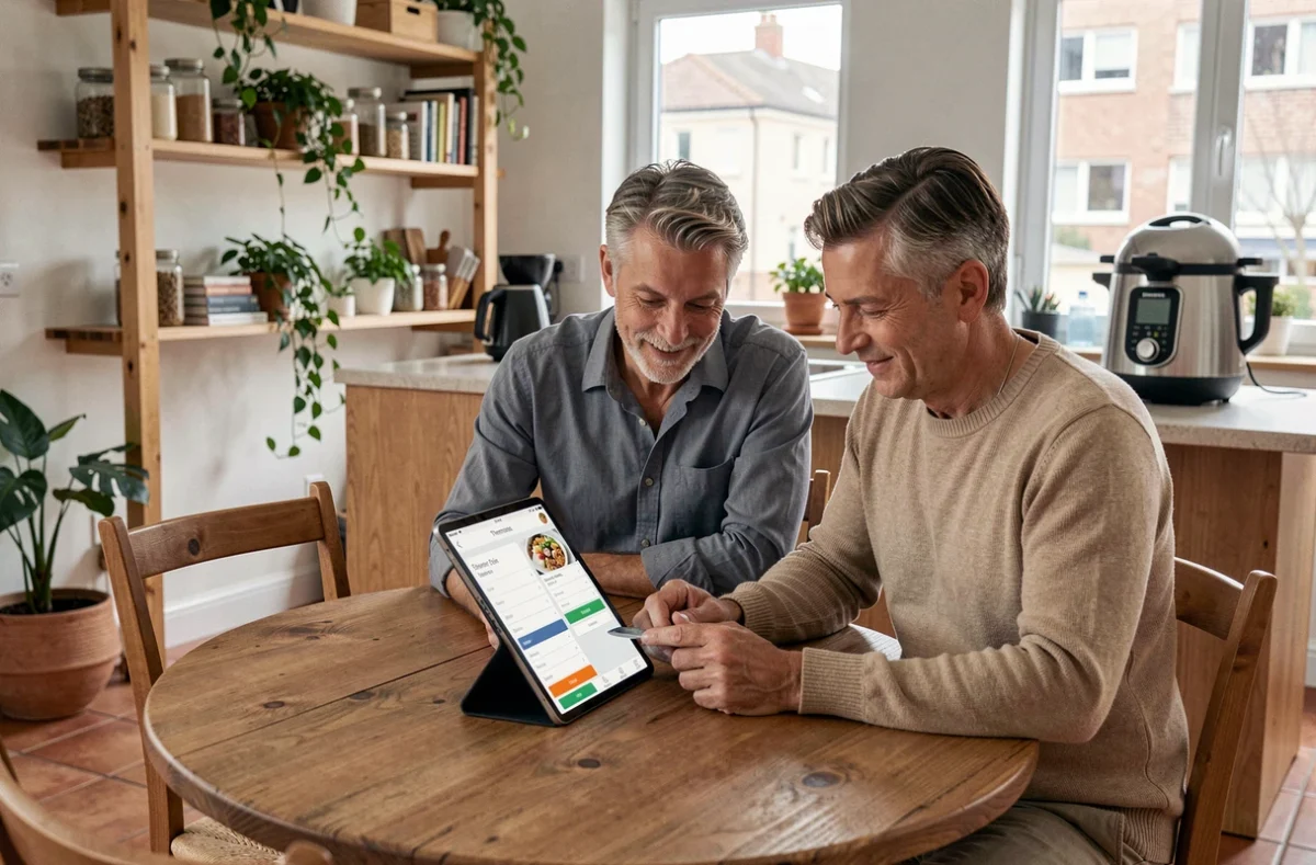 Couple évaluant le coût par repas du Thermomix sur une tablette dans une cuisine ouverte moderne