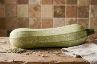 Courge longue de Nice entière posée sur une table en bois rustique dans une cuisine provençale