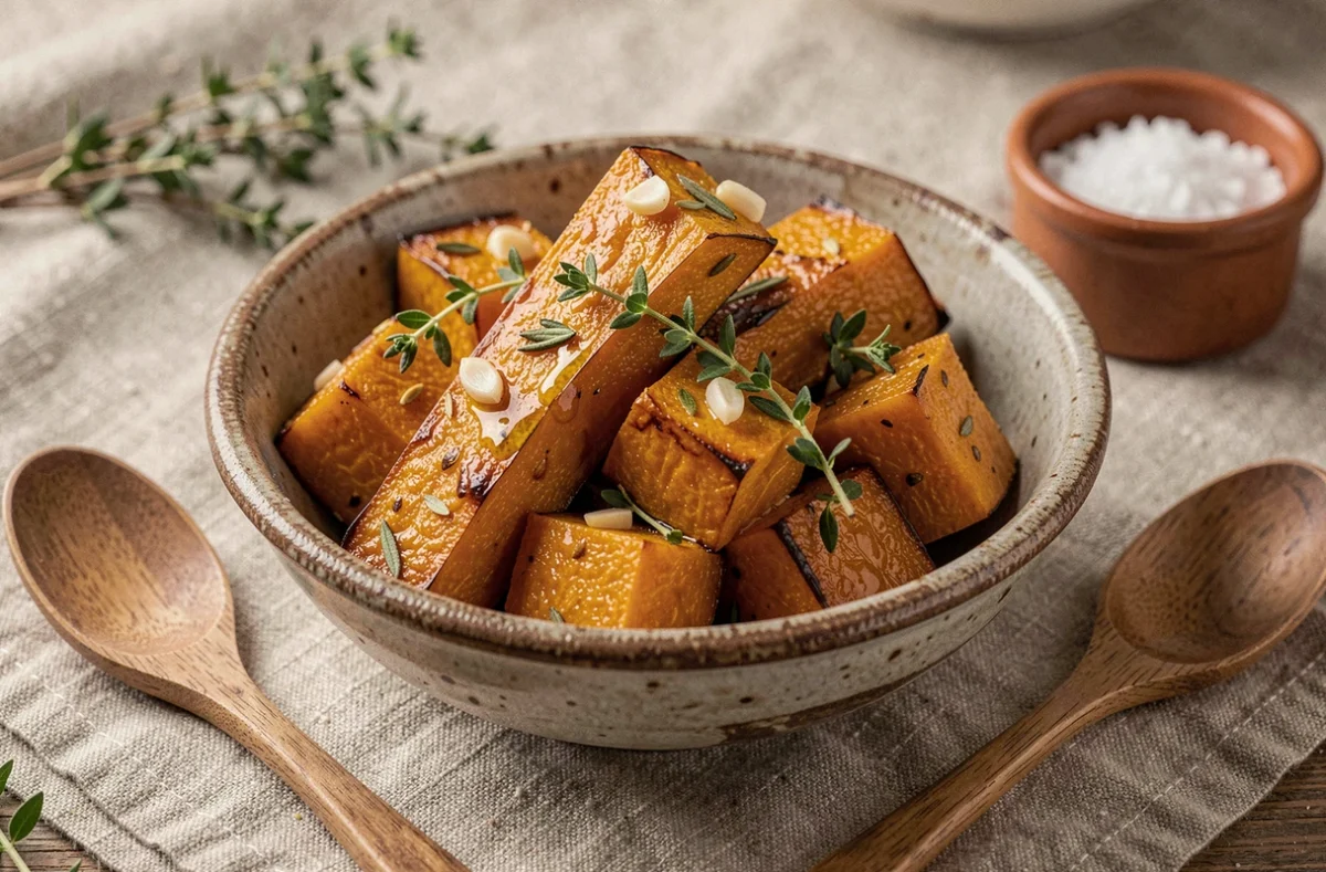 Bol en céramique rustique avec des morceaux de courge longue de Nice rôtis au four aux herbes de Provence