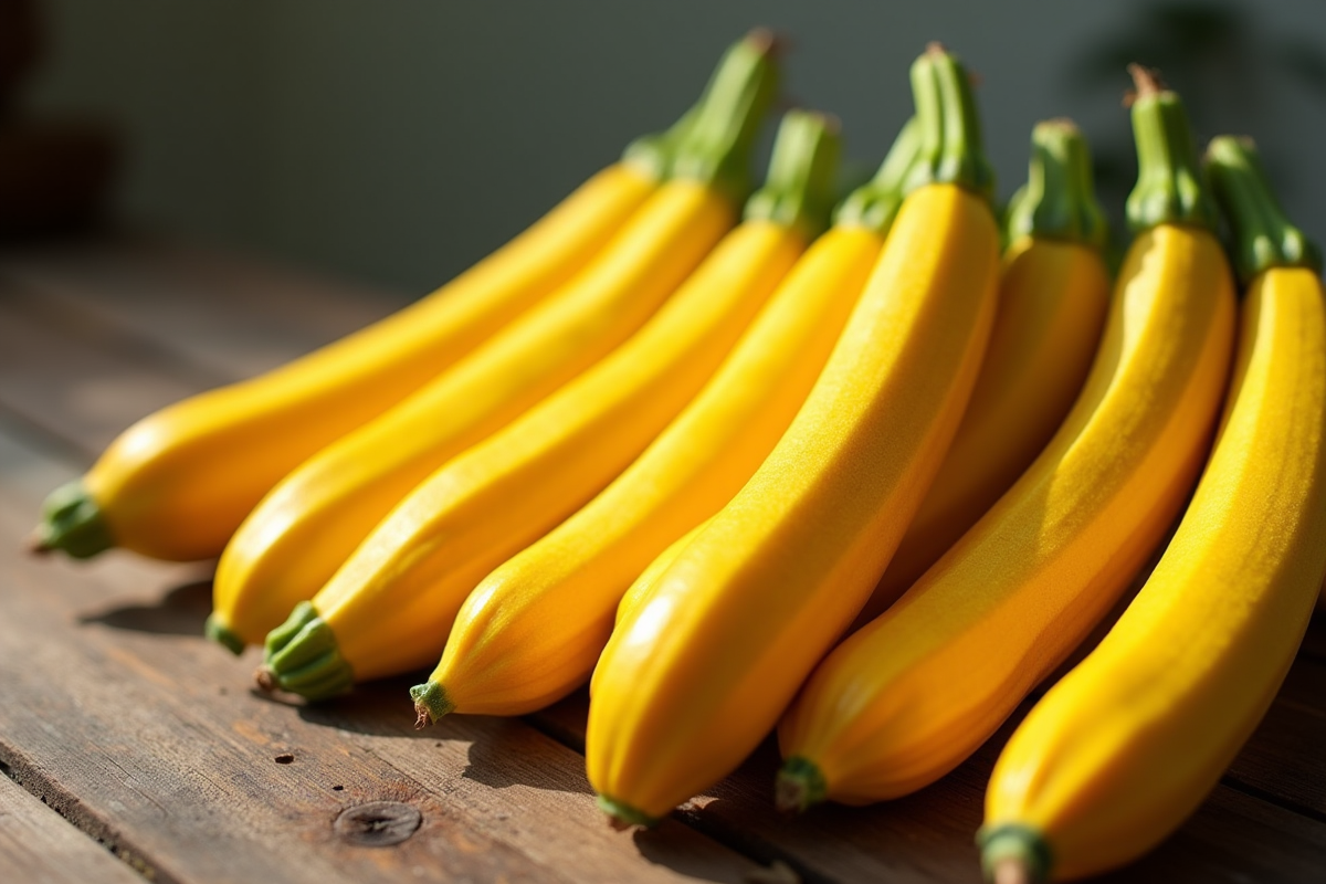 Plusieurs courgettes jaunes fraîches sur une table en bois