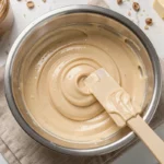 Bol en inox rempli de crème mousseline praliné lisse et brillante avec spatule en silicone sur marbre blanc