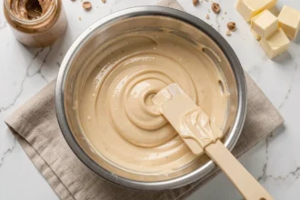 Bol en inox rempli de crème mousseline praliné lisse et brillante avec spatule en silicone sur marbre blanc