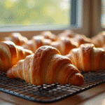 Croissants dorés refroidissant sur une grille en lumière naturelle