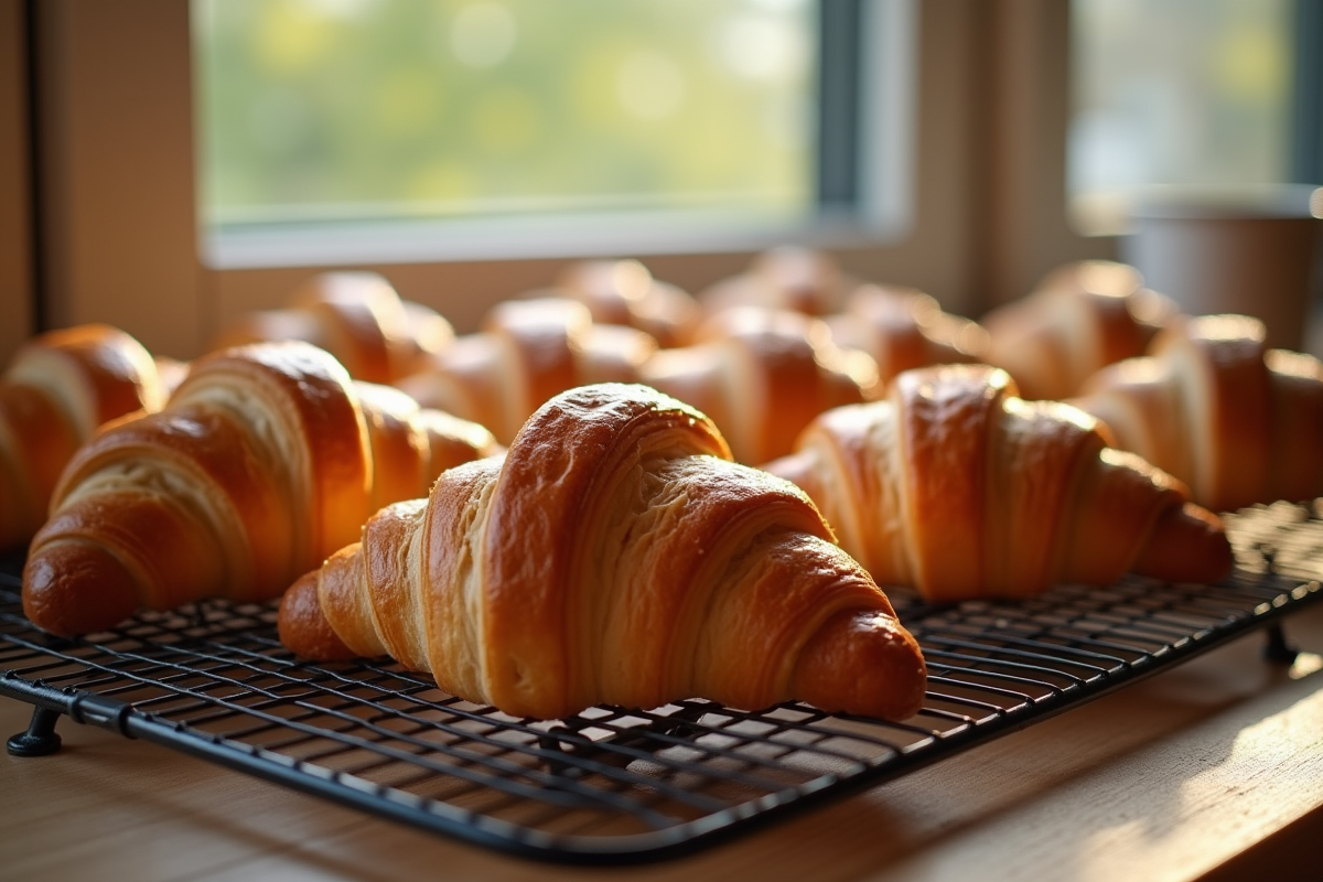 Croissants dorés refroidissant sur une grille en lumière naturelle