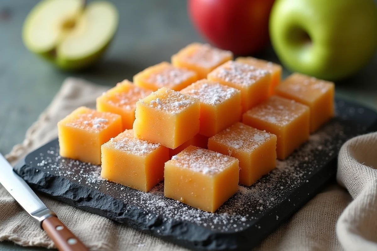 Cubes de pâte de fruit à la pomme maison roulés dans le sucre cristallisé présentés sur une ardoise avec une pomme verte coupée