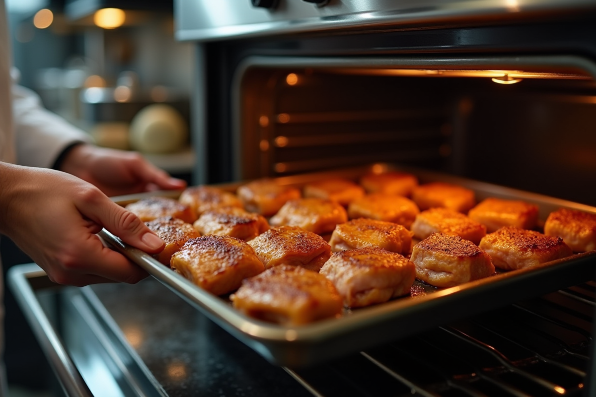 Chef sortant des aiguillettes de canard dorées du four dans une cuisine moderne