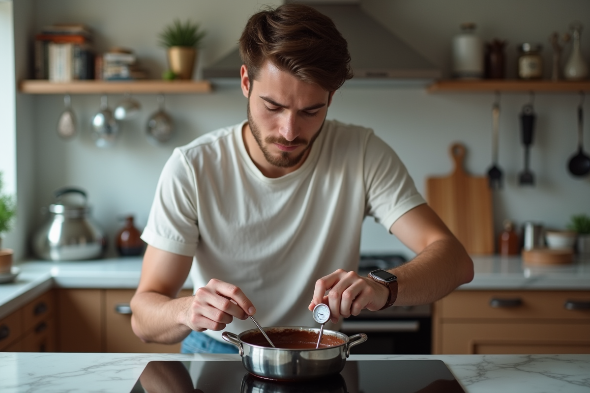 Jeune homme insérant un thermomètre dans une casserole de chocolat