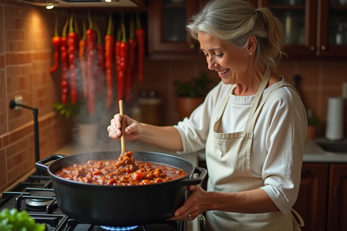 Femme cuisinant un goulash hongrois dans une cocotte en fonte sur une cuisinière à gaz dans une cuisine chaleureuse