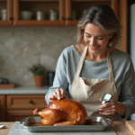 Femme vérifiant la température d'un poulet rôti avec un thermomètre