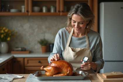 Femme vérifiant la température d'un poulet rôti avec un thermomètre