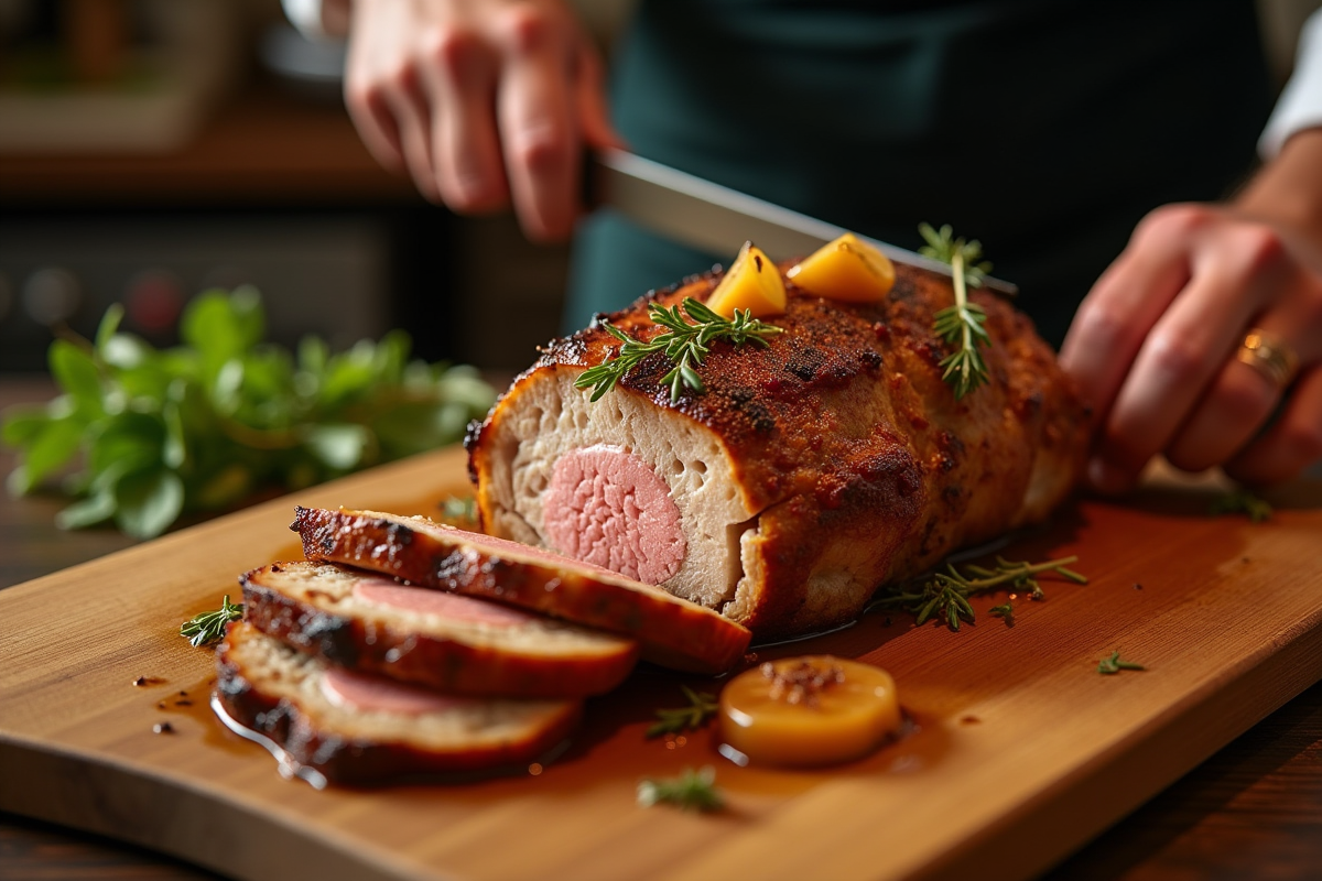 Cuisinier découpant un lapin en sauce au cidre