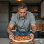 Homme en jeans prépare une pizza dans une cuisine moderne