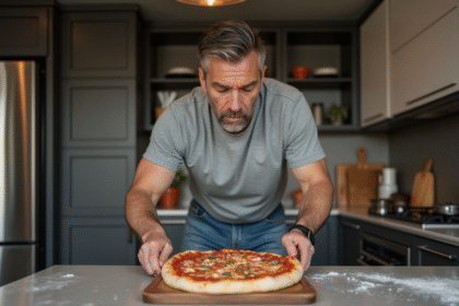 Homme en jeans prépare une pizza dans une cuisine moderne