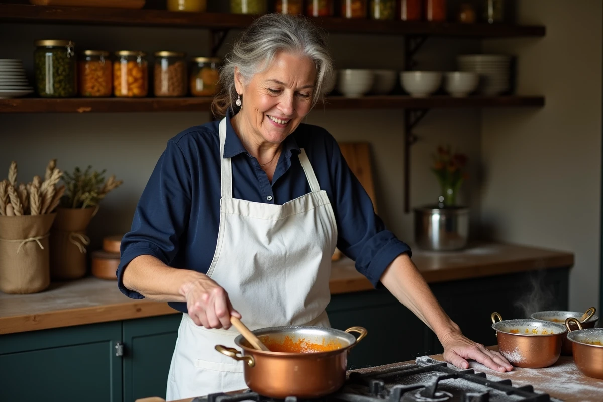 Cuisinière d'un bouchon lyonnais remuant une sauce dans une cocotte en fonte dans une cuisine traditionnelle