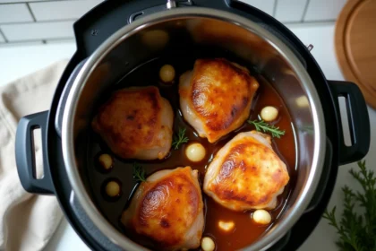 Cuisses de poulet dorées et fondantes dans un Cookeo ouvert avec sauce aux herbes et ail